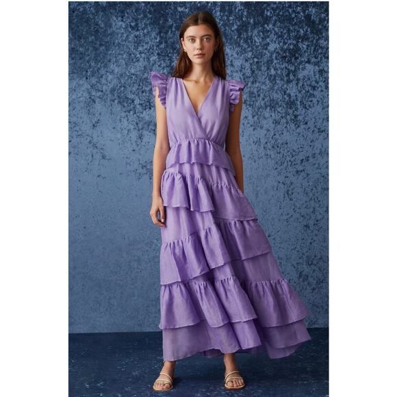 Marie Oliver Women’s 2 Purple Marisol Silk Linen Ruffle Maxi Designer Dress NEW - Picture 1 of 10